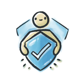 Illustration einer schützenden Figur mit Schild und Haken – symbolisiert persönlichen Schutz, Sicherheit und Krisenvorsorge.