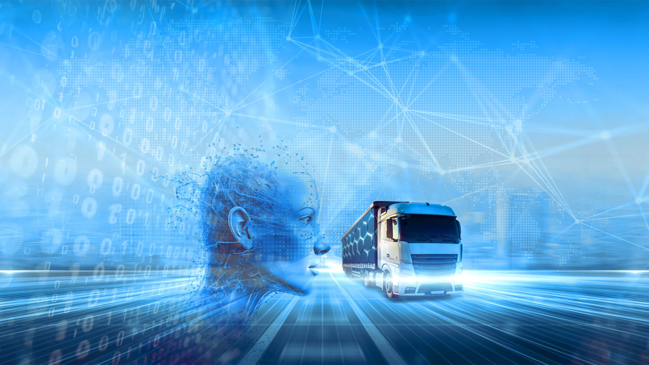 Futuristisches Keyvisual mit digitaler Frauenkopf-Illustration, vernetzter Weltkarte, Binärzahlen und LKW auf leuchtender Datenautobahn – symbolisiert die intelligente Verbindung von künstlicher Intelligenz, Digitalisierung und Logistik im Kontext moderner Transportsoftware.