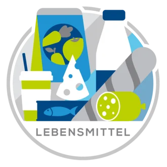 Illustration zum Thema „LEBENSMITTEL“ – stilisierte Lebensmittel wie Käse, Wurst, Brot, Milch, Fisch, Saft, Obst und ein To-go-Becher in einem runden Icon mit blau-grün-grauer Farbpalette und Beschriftung „LEBENSMITTEL“ darunter