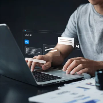 Person tippt auf Laptop und interagiert mit einer künstlichen Intelligenz in einem virtuellen Chatfenster – Darstellung moderner Technologie, AI-Kommunikation und digitaler Assistenz