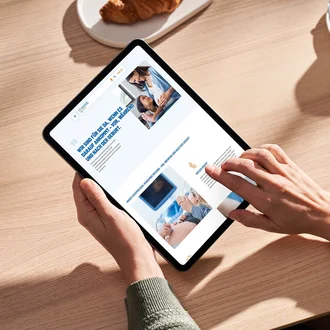 Tablet-Ansicht der Webseite des Perinatalzentrums Level 1 am Allgemeinen Krankenhaus Celle mit Informationen zur Rundumbetreuung vor, während und nach der Geburt – Nutzer scrollt durch die Inhalte am Frühstückstisch
