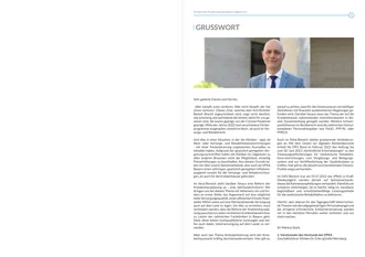 Innenseite der VPKA-Broschüre mit Grußwort von Markus Stark, Vorsitzender des Verbands der Privatkrankenanstalten in Bayern e. V., inklusive Portraitfoto und ausführlichem Text zur Lage der Kliniken, politischer Forderungen und Zukunft der Gesundheitsversorgung in Bayern.