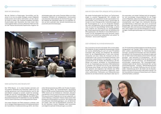 Doppelseite einer VPKA-Broschüre mit Themen zu Informationsarbeit, Tarifpolitik, Mitgestaltung in Gremien und Krisenmanagement während der Corona-Pandemie – inklusive Fotos von Vorträgen und Gremiensitzungen mit Vertreter:innen des Gesundheitswesens.