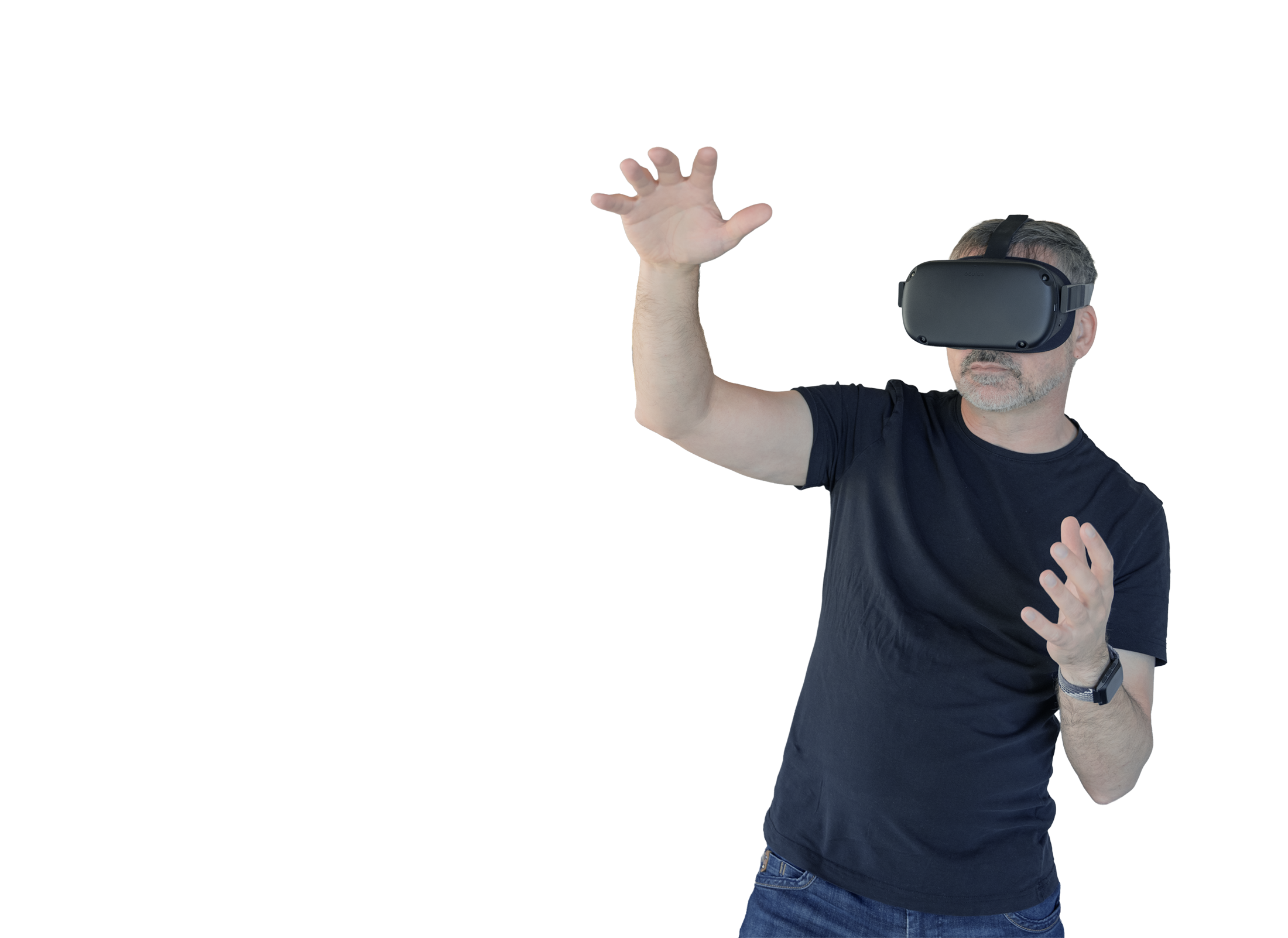 Mann mit Virtual-Reality-Brille bei einer digitalen Anwendung von Denkströme